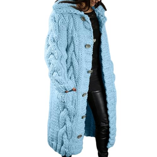 Image of YuchiFa Long Knit Cardigan Sweater for Women Button Down Cable Knit Oversized Long Sleeve Fall Winter Coat with Pockets (Sky Blue,XXL)