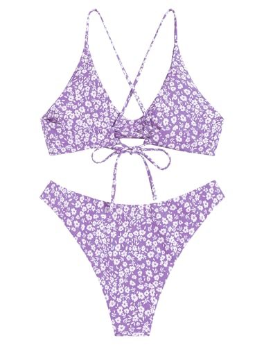 Image of ZAFUL Women's Tie Back Padded High Cut Bralette Bikini Set Two Piece Swimsuit