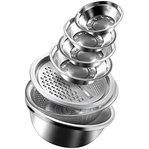 (set of 7) Multifunctional Stainless Steel Basin Grater - Salad Cutter Bowl-4 in 1 Julienne Slicer, Multifunctional Stainless Steel Colander Drain Basket for Cooking, Prepping, Food Storage Cover