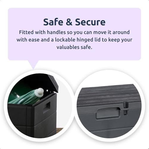 idooka Large Garden Storage Box with Lid - 340L Lockable Plastic Outdoor Storage for Parcels, Cushions, Tools, Logs and More - Grey, Water-Resistant Deck Box for Garden or Garage - Image 5