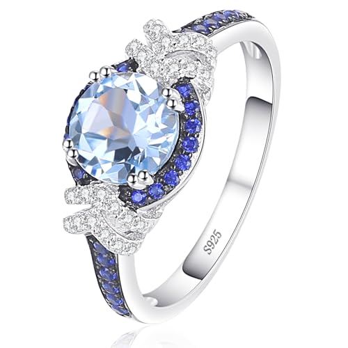 Round Cut Halo Ring for Women with Natural Sky Blue Topaz in 925 Sterling Silver, Blue Birthstone 14k White/Black Gold Plated Promise Engagement Ring for Her, Anniversary Birthday Jewelry Set