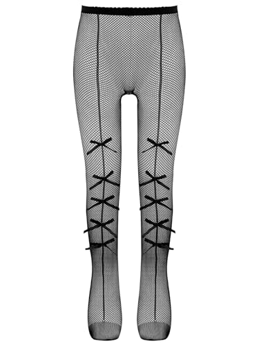 Sywiyi Girls Solid Color Cotton Tights with Bowknot Kids Stretchy Fishnet Hollow Footed Legging Pantyhose