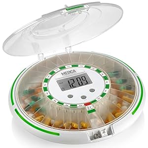 Automatische pillendispenser met 28-daagse elektronische medicatie-organizer – afsluitbare sleutelpilcontainer met lcd-scherm, licht en geluid herinneringsalarm