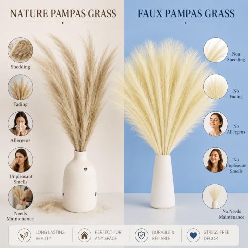 Image of CURATED CART Faux Pampas Grass, 12 Pcs Small Artificial Flowers for Home Decoration, Office, Bedroom, Living Room, Table Decor and Craft Corner Styling, 41 cm Height, (Without Vase) (Biege)