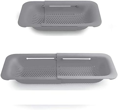 Extendable Strainer Basket Over the Sink Colander Vegetables Noodle Pasta Food Drain Basket Space Saver Portable Drainer (Grey)