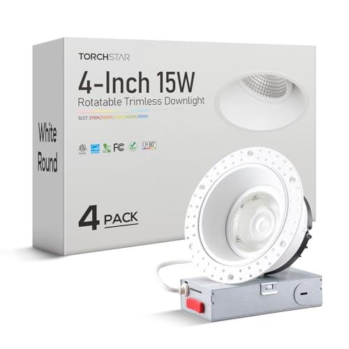 TORCHSTAR 5CCT Trimless 4 Inch Gimbal LED Recessed Light, 15W 120V Ceiling Canless Round Commercial...