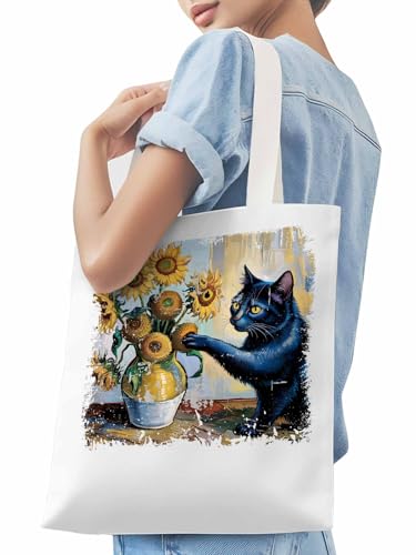 Canvas Tote Bags,Grocery Shopping Cloth Bag Retro SunFloral Cat Reusable Shoulder Bags Tote Bag for Travel Work Gym3