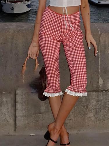 Sunloudy Y2k Capri Pants for Women Gingham Tights Knee Length Bottom Low Waist 3/4 Length Cropped Legging Coquette Streetwear2