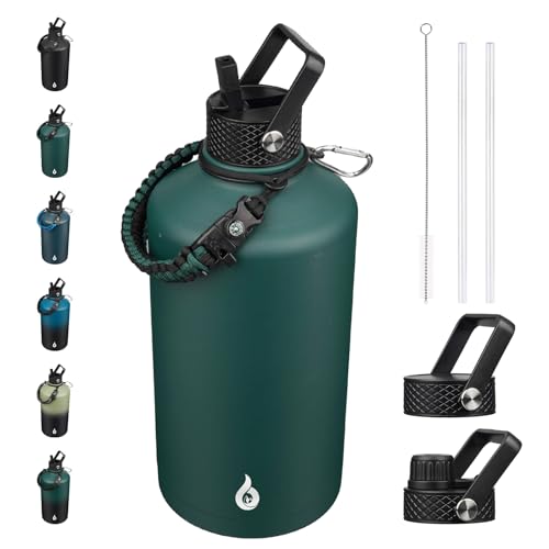 Image of BJPKPK 1 Gallon Water Bottle with Straw Lid, 128oz Large, Stainless Steel Water Bottles with 3 Lids and Paracord Strap, Double Wall Vacuum Metal Water Jug, Army Green