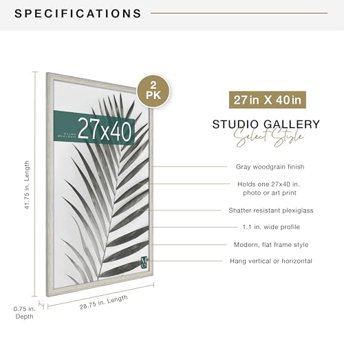 MCS Studio Gallery Movie Poster Frame 27x40 Gray Woodgrain, Vertical & Horizontal Wall Hanging Large Picture Frame for Photos, Artwork & Custom Posters (2-Pack)