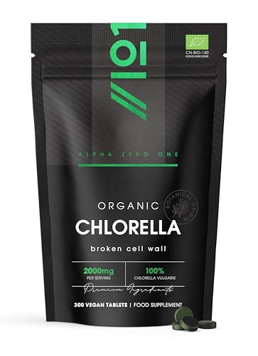 Organic Chlorella 2000mg – 300 Vegan Tablets – Broken Cell Wall – Pure Formula Supplement with no Additives – Resealable and Recyclable Pouch – by Alpha01