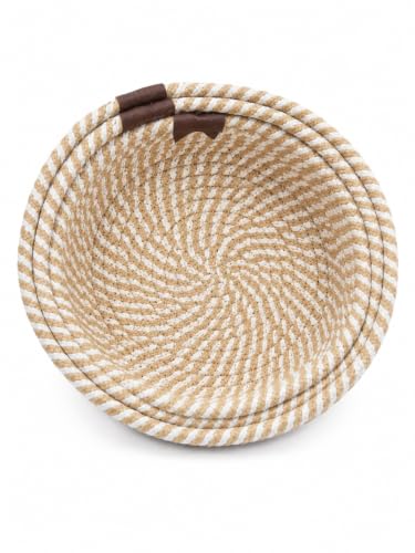 Image of [Set of 3-9 inch,8 inch,7 inch inch, Round, Beige & White] Handwoven Soft Jute Cotton Basket | Eco-Friendly Shelf Baskets, Reshapes After Filling | Ideal for Storage, Organization & Gift Hampers