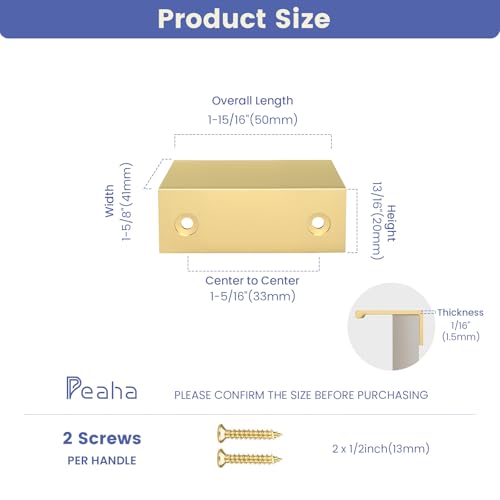 Image of Peaha 50 Pack Kitchen Cabinet Handles 1-5 /16 inch Matte Gold Pulls Edge Pulls