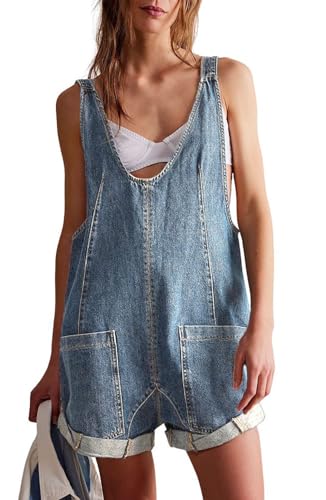CHARTOU Women Casual Denim Short Overalls Rolled Cuff Barrel Shorts Jumpsuit Rompers (Medium, Light Blue)