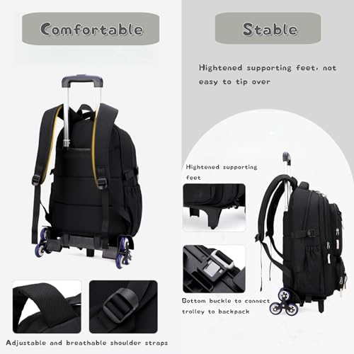 Image of Black Rolling Backpack for Boys Middle Junior School Kids, Boys Backpack with 6 Wheels, Black