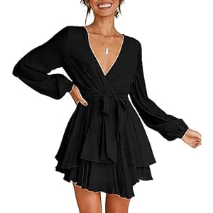 Damen Kleid Langarm V-Ausschnitt Hohe Taille Rüschen Gürtel Kleider Casual Sommerkleider Elegant A-Linie Minikleider