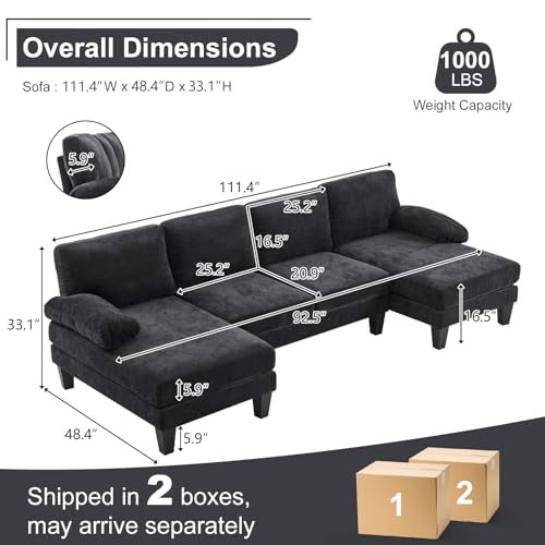Karl home U-Shape Sectional Sofa Couch 111" Modern 4-Seat Sofa with Chaises Chenille Fabric Upholstered Covertible Couch with Wood Grain Legs for Living Room, Reception Room, Apartment, Black - Image 3