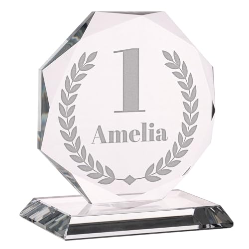 Wanapix | Trofeo Personalizado con Nombre y Texto | Cristal Grabado (Escala de Grises) | Premio Personalizado | Octogonal 10 cm | Incluye Estuche para Guardar | Primer Premio