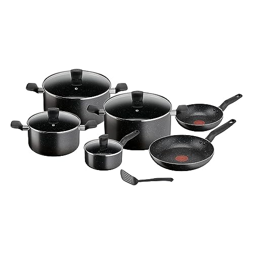 TEFAL Cookware Set | Dark Stone 11 pc Cooking set |Non-stick | Stewpots 22/24/28 cm saucepan 16 cm frypans 20/28 cm slotted spatula | With Thermo Signal | Aluminium | 2 Year Warranty | B491BS85