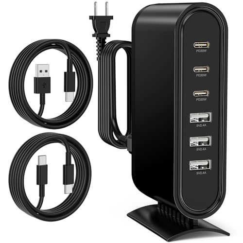 96W Charging Station for Multiple Devices,6 Port Multi Charger Station with 6.6ft USB C Cables,USB C Fast Charging Hub Organizer Multiport for iPhone 16 15 Pro Max, Samsung, Android, iPad, (Black)