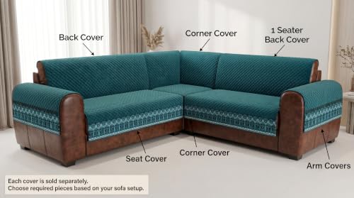 Image of KINGLY L-Shape Sofa Cover 7 Seater 4+3 Velvet Full Cover - Teal Blue | Fully covered quilted velvet slipcover, washable anti-slip furniture protector, L-type corner sofa cover for living room