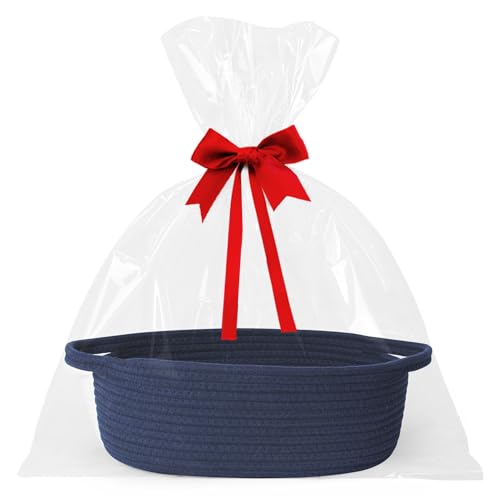 Image of Small Baskets for Gifts Empty, 13 inchx 9 inchx 5 inch Woven Gift Basket with Bag and Ribbon, Cotton Rope Kids Dog Cat Toy Bin Box, Cute Baby Nursery Organizer, Decorative Storage with Handles,Dark Blue