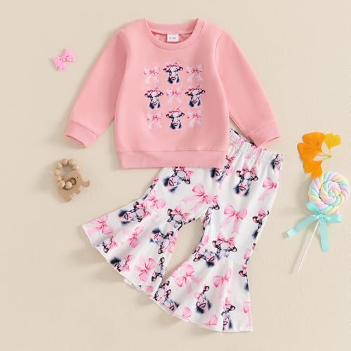 Western Bell Bottom Outfits For Toddler Girls Fall Winter Clothes Cow Print Crewneck Sweatshirt Flare Pants Casual Set2