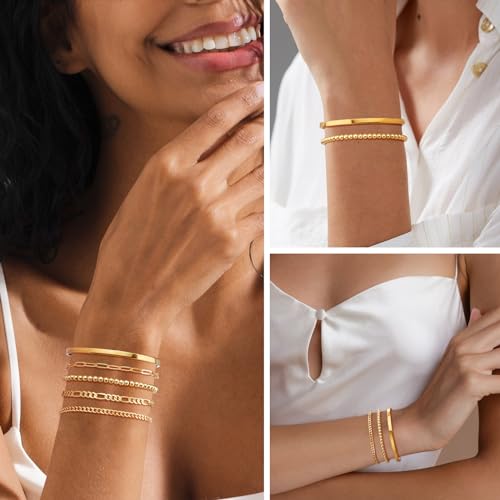Wowshow Gold Bracelets for Women Bracelet Stack Set 14K Real Gold Plated Link Charm Bracelet Dainty Link Chain Stackable Charm Bracelets Adjustable Bangle Cuff Bracelet Pack Jewelry Gifts for Women3