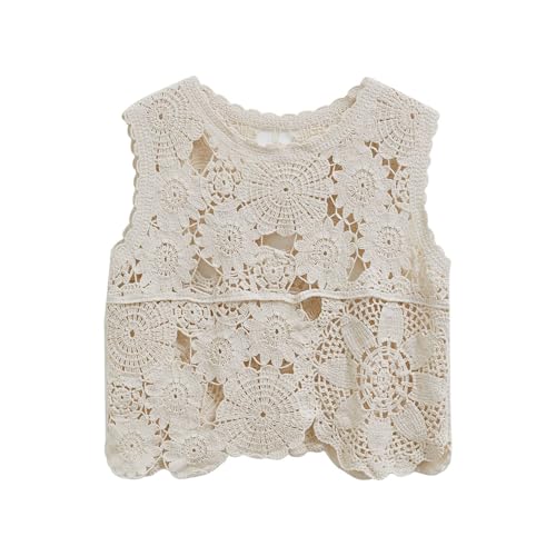 CHICWISH Women Summer Bohemian Crewneck Sleeveless Cutwork Crochet Top Casual Hollow Out Cropped Beach Tank Top Vest Sand
