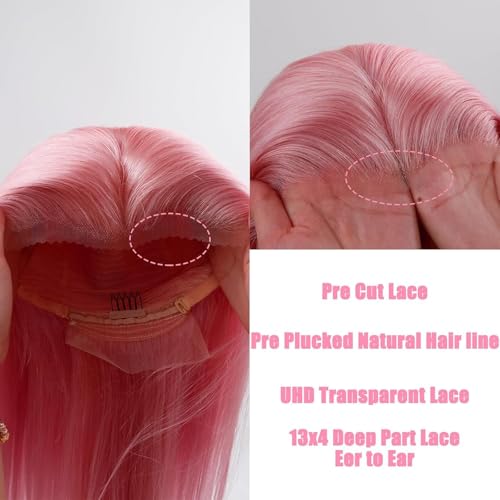 Image of Pink Human Hair Wig Straight Wig 24 Inch Human Hair Wig 200% Density | 13x4 UHD Lace Front Human Hair Wigs Pre Plucked Pre Cut Light Pink Wig 100% Virgin Human Hair Glueless Straight Wig For Women