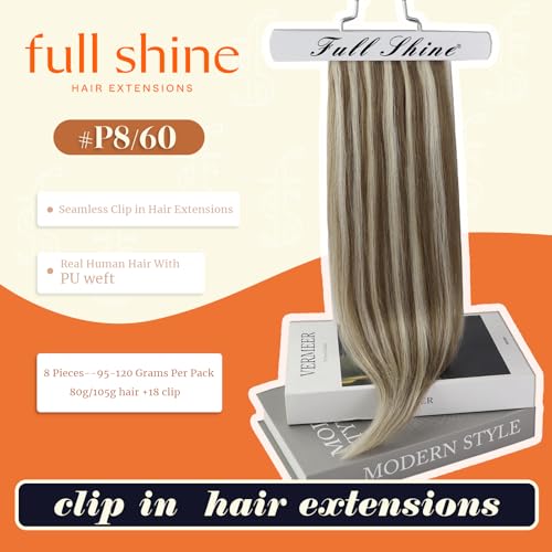 Image of Full Shine Blonde Clip in Hair Extensions, Light Brown Highlight | Human Hair Clip ins, 18 Inch 120g 8 Pcs, Seamless PU Weft, Straight Texture, Added Length and Volume, Natural Blend