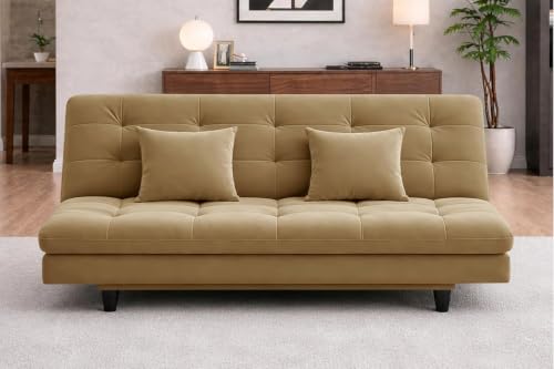 Image of Rosebell Modern Wooden 3-Seater Sofa Cum Bed Foldable Velevt Fabric Sofa for Living Room, Guest Room & Office-Golden-Color