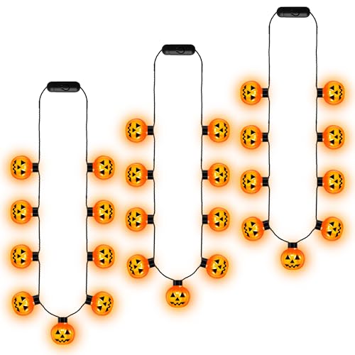 EOBOH 3PCS Halloween Light up Necklace, 9 Lights Glow in Dark Pumpkin Halloween Necklaces, Orange 3 Modes Necklace with Pumpkin Bulbs, Glow Necklaces Bulk for Trick or Treat Party Favros