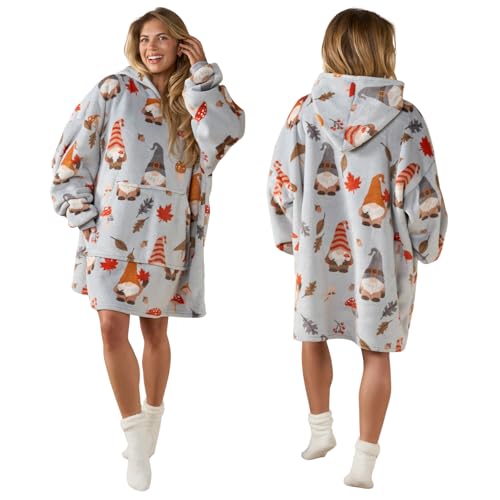 OHS Autumn Gonk Hoodie Blanket Ultra Soft Sherpa Fleece Warm Comfy Cosy Oversized Wearable Blanket Throw for Women Girls Adults Men - One Size Grey
