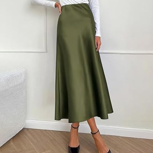 Womens Elegant Long Satin Skirt Silk Dressy Elastic Waist Flared A-Line Maxi Skirts Trendy Summer Formal Work Skirts3