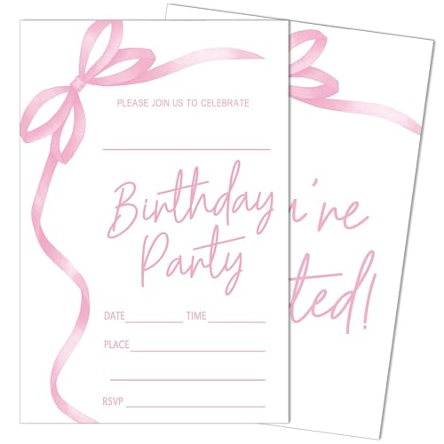 SIXEIGHT Pink Bow Birthday Invitations for Girls Boys Pink Bow Birthday Party Invitations for Decoration 20 Pack Girly Party Invite Cards with Envelopes Bows Parties Decorations 4x6 Inch-A04