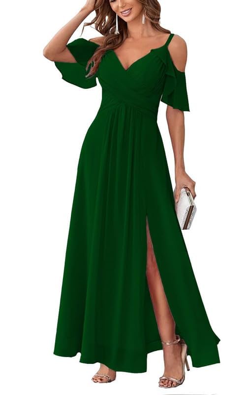 Women Chiffon Long Bridesmaid Dresses Ruffle Sleeve Slit Formal Evening Party Gown with Pocket TB95