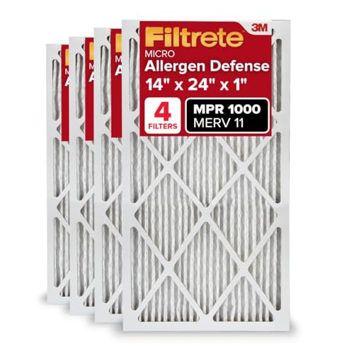 Filtrete 14x24x1 AC Furnace Air Filter, MERV 11, MPR 1000, Micro Allergen Defense, 3-Month Pleated 1-Inch Electrostatic Air Cleaning Filter, 4 Pack (Actual Size 13.81 x 23.81 x 0.81 in)