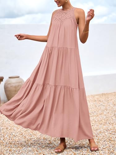 Image of BTFBM Halter Summer Dresses for Women 2026 Casual Spring Hollow Out Sleeveless Boho Sundresses Beach Vacation Maxi Dress