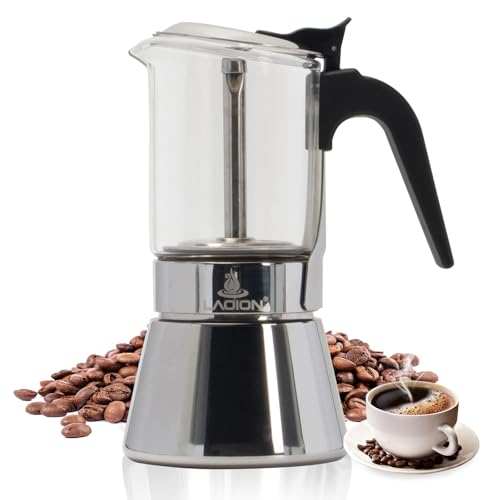 Image of LAOION Stovetop Espresso Maker, 3Cup 160ml Moka Pot, Cuban Coffee Maker | Crystal Glass-top & Stainless Steel Coffee Maker Mocha Pot, Greca De Cafe, Cuban and Italian Coffee Maker for Cafetera Cubana