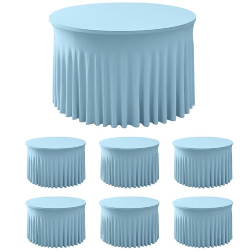 Image of 60 Inch Spandex Round Table Skirts ,Fitted Stretch Tablecloths for Round 5 ft Table, Wrinkle-Free Ruffle Design Tablecloths for Baby Shower, Banquets,Trade Shows, Parties, Events, Baby Blue,6 Pcs