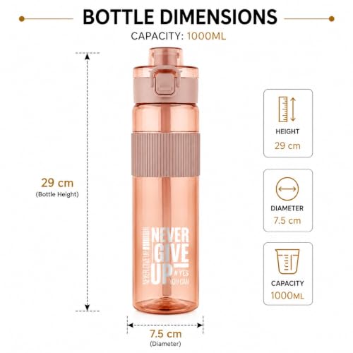 Image of Sports Water Bottle with Straw & Carry Strap | Leakproof BPA-Free Gym Bottle | Flip Lock Lid | MOTIVATIONAL NEVER GIVE UP BOTTLE | Office, School, Gym & Travel (Peach)