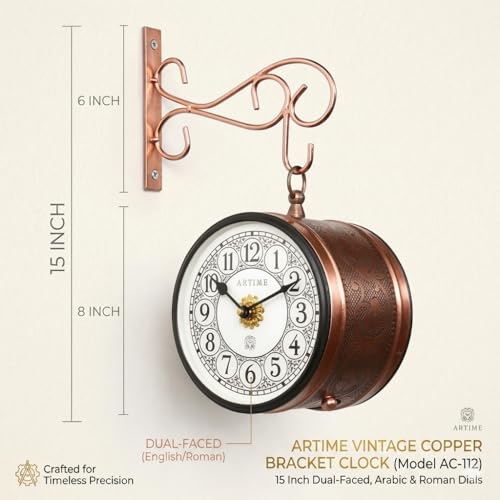 Image of Handcrafted Double Side Metal Analog Vintage Wall Clock | 1.5 Year Machine Warranty | 6 INCHES | 1 Side Number 1 Side Roman,Color Copper