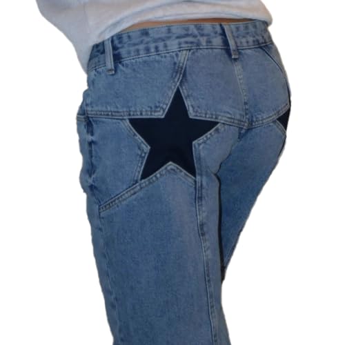 Womens High Waisted Straight Leg Jeans Trendy Y2k Star Patchwork Boyfriend Wide Leg Denim Pants4