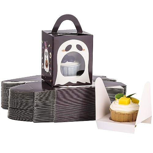 acDesign 50pcs Halloween Cupcake Boxes With Handle & Clear Window - Purple Ghost