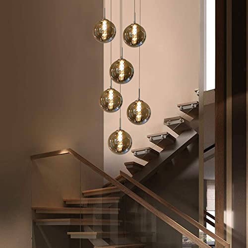 Suspension boule verre gris 6 lampes lustre d'escalier moderne réglable