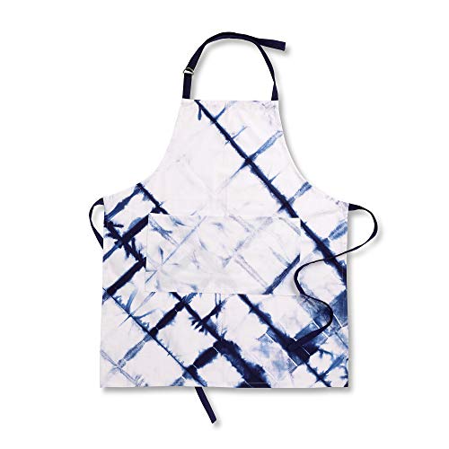 Aprons for Women with Pockets for Christmas Gifts or Chef Apron with Adjustable Neck Strap, Adjustable Bib Apron for Kitchen, Cooking, BBQ or Grill, 27.5-inch by 31.5-inch, Blue Shibori