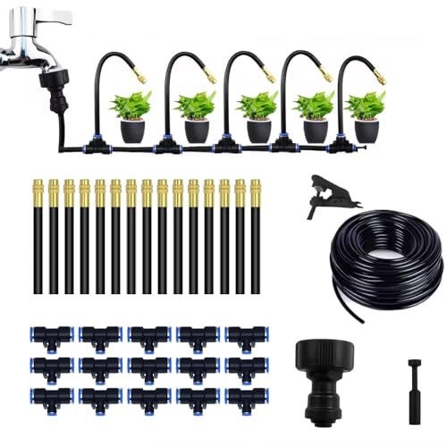 50Ft Drip Irrigation Kits Automatic Irrigation System, 360° Adjustable Garden Irrigation System, Lawn Watering System Bendable Nozzles +15 T-Joints-8mm + 15 Misting Nozzles + Faucet Adapter