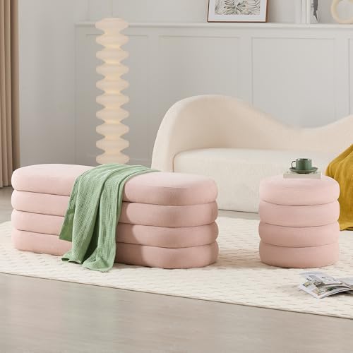 Busaurus Storage Ottoman Bench 49.2 Inch Upholstered Fabric Storage Bench for Bedroom End of Bed Aesthetic Large Oval Ottoman for Living Room Entryway (Pink)