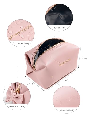 Rownyeon Makeup Bag Cosmetic Travel Toiletry Pouch Bow-knot Cute Handbag Leather Purse for Women Girls,Pink3